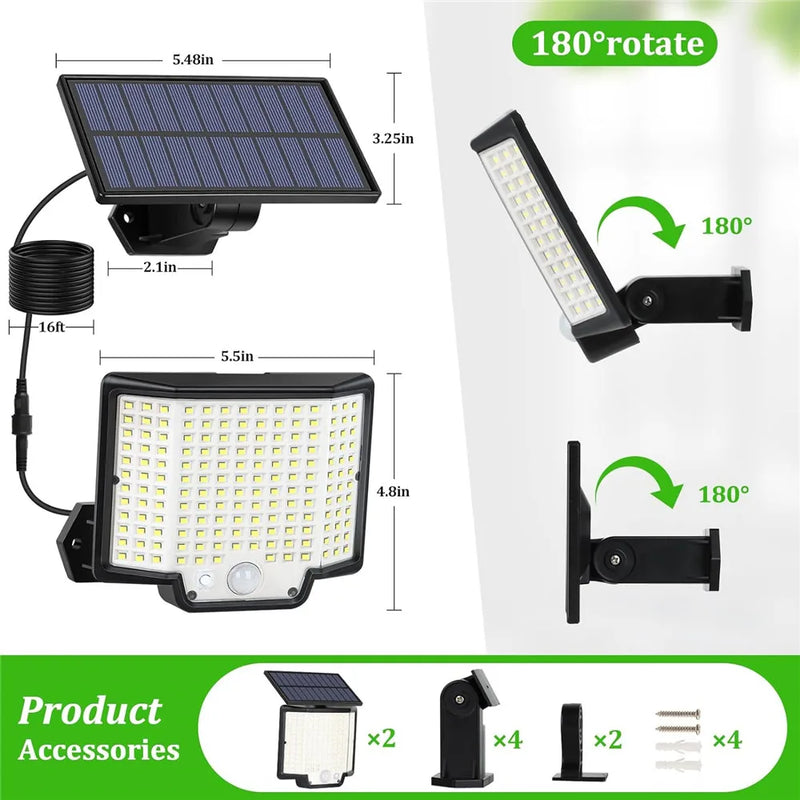 Luz solar 172LED externa à prova d'água com sensor de movimento holofote controle remoto 3 modos para pátio garagem quintal