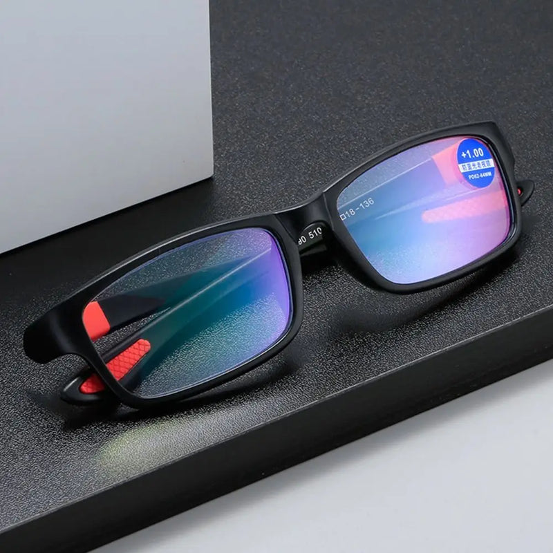 Óculos de leitura masculino feminino esportivo anti-luz azul óculos de leitura preto vermelho TR90 armação presbiopia óculos de grau +100 a +400 óculos