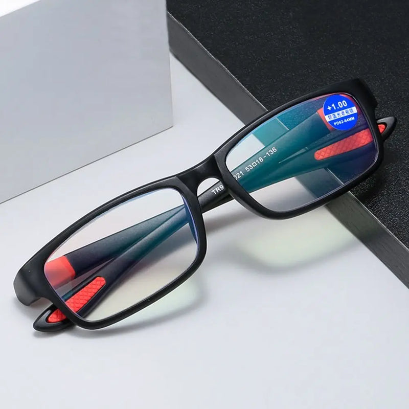 Óculos de leitura masculino feminino esportivo anti-luz azul óculos de leitura preto vermelho TR90 armação presbiopia óculos de grau +100 a +400 óculos