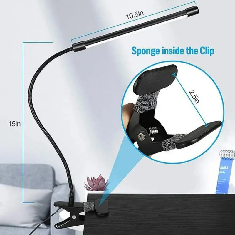 Lâmpada de mesa led com braçadeira regulável clipe na luz de leitura 5 brilho 3 modos flexível pescoço de ganso luz de mesa de leitura usb livros ni