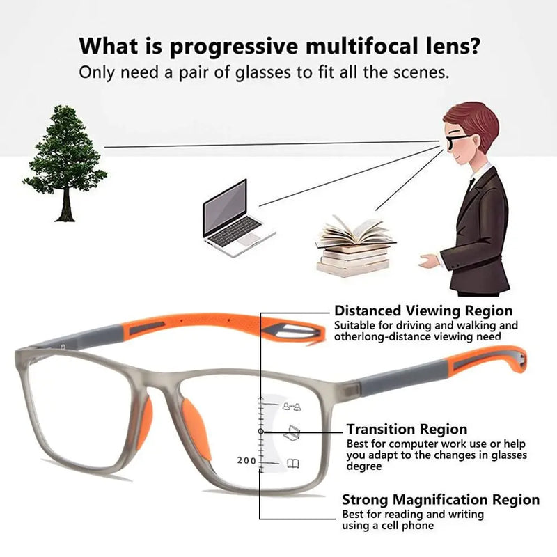 Óculos de leitura progressivos multifocais TR90 Frame Homens Mulheres Óculos esportivos anti-luz azul Ultraleve Bifocal Presbiopia
